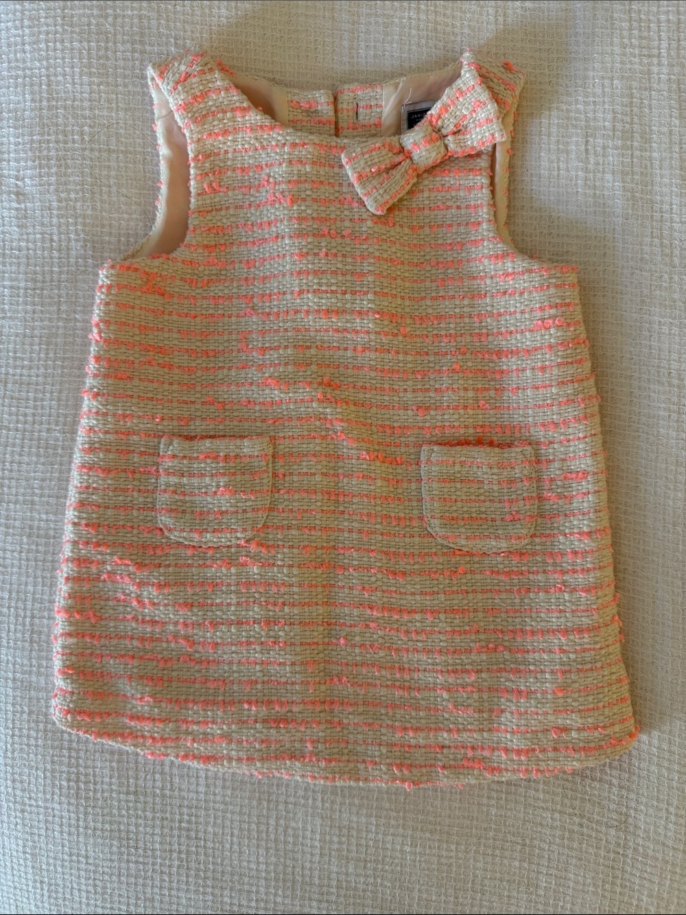Janie and Jack tweed bow dress ivory cream off-white pink sleeveless pocket